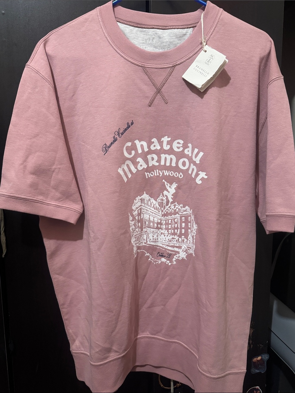 Brunello Cucinelli Dusty Pink Chateau Marmont Graphic Short-Sleeve Crewneck